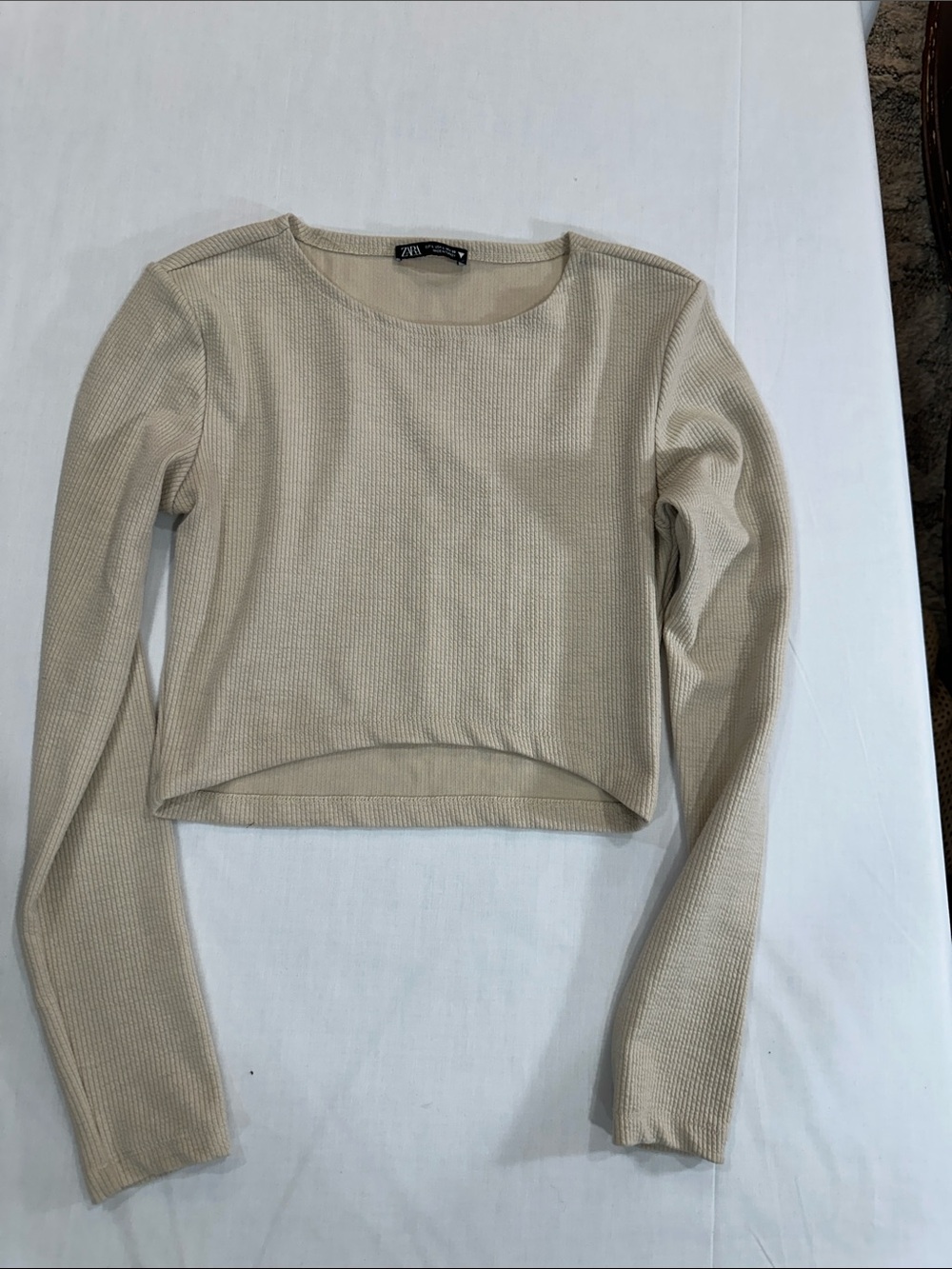 Zara Beige Long-Sleeve Waffle Knit Top